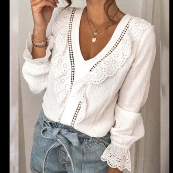 Mohair Pear boutique Tops - Victorian Stylish V Neck W/ Ruffle Lace Lining The Front & Sleeve Cuffs Blouse